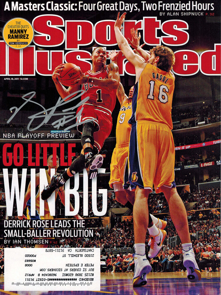 Derrick Rose Signed Bulls "Go Little Big Win" Sports Illustrated 4/18/11 - Original Magazine - ROSMAG200 - Derrick Rose Signed Bulls "Go Little Big Win" Sports Illustrated 4/18/11 - Original Magazine product image