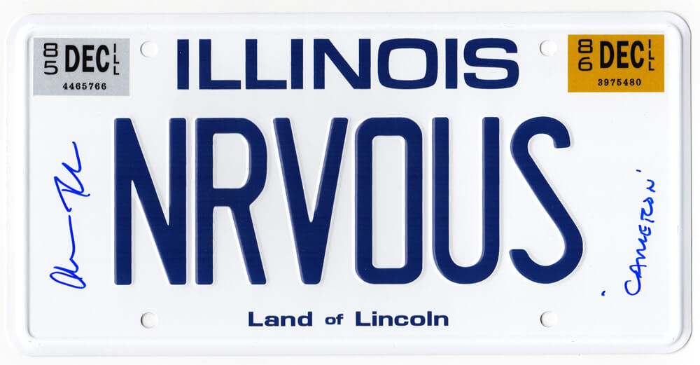Alan Ruck Signed Ferris Bueller's Day Off 'NRVOUS' Illinois License Plate w/Cameron - RUCOTH500 - Alan Ruck Signed Ferris Bueller's Day Off 'NRVOUS' Illinois License Plate w/Cameron product image