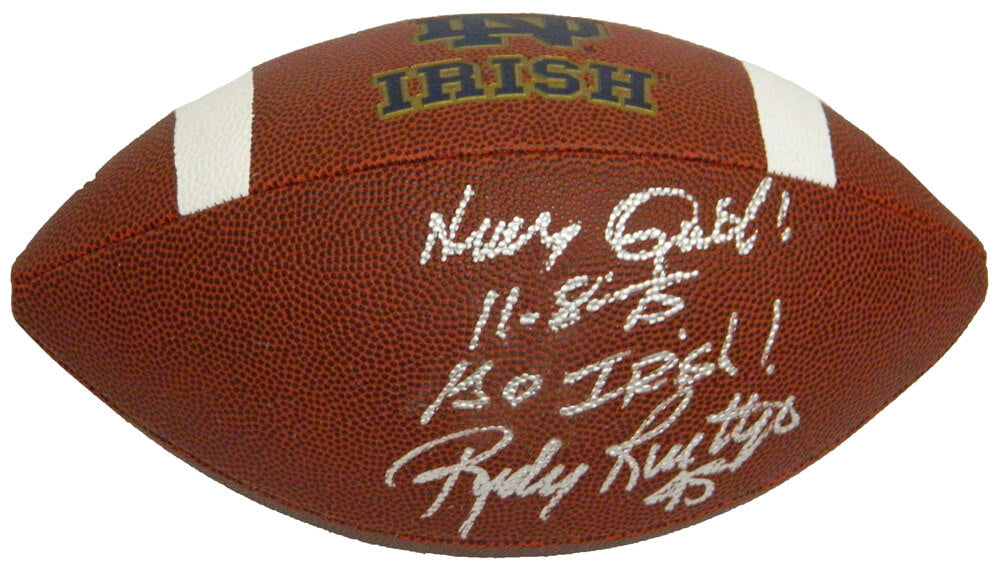 Rudy Ruettiger Signed Notre  Dame NCAA Logo Football w/Never Quit 11-8-75, Go Irish - RUEFTB302 - Rudy Ruettiger Signed Notre Dame NCAA Logo Football w/Never Quit 11-8-75, Go Irish product image