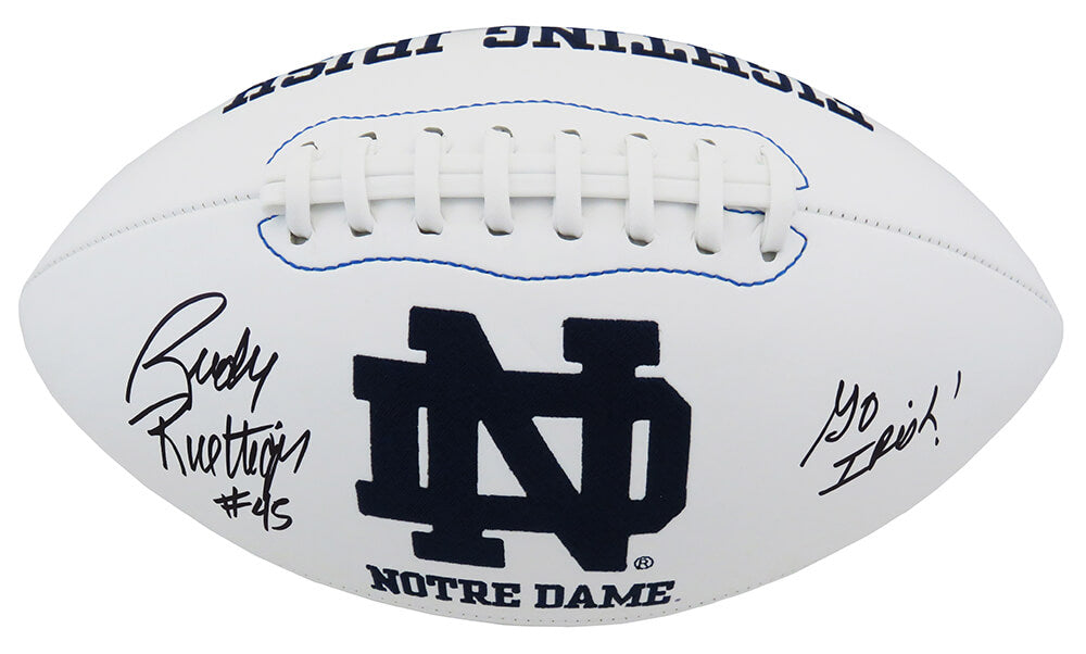 Rudy Ruettiger Signed Jarden Notre Dame Logo White Football w/Go Irish - RUEFTB305 - Rudy Ruettiger Signed Jarden Notre Dame Logo White Football w/Go Irish product image