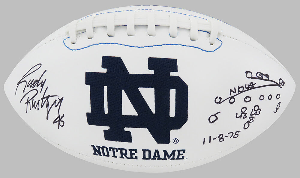 Rudy Ruettiger Signed Notre Dame Jarden White Logo Football w/Play Diagram - RUEFTB306 - Rudy Ruettiger Signed Notre Dame Jarden White Logo Football w/Play Diagram product image