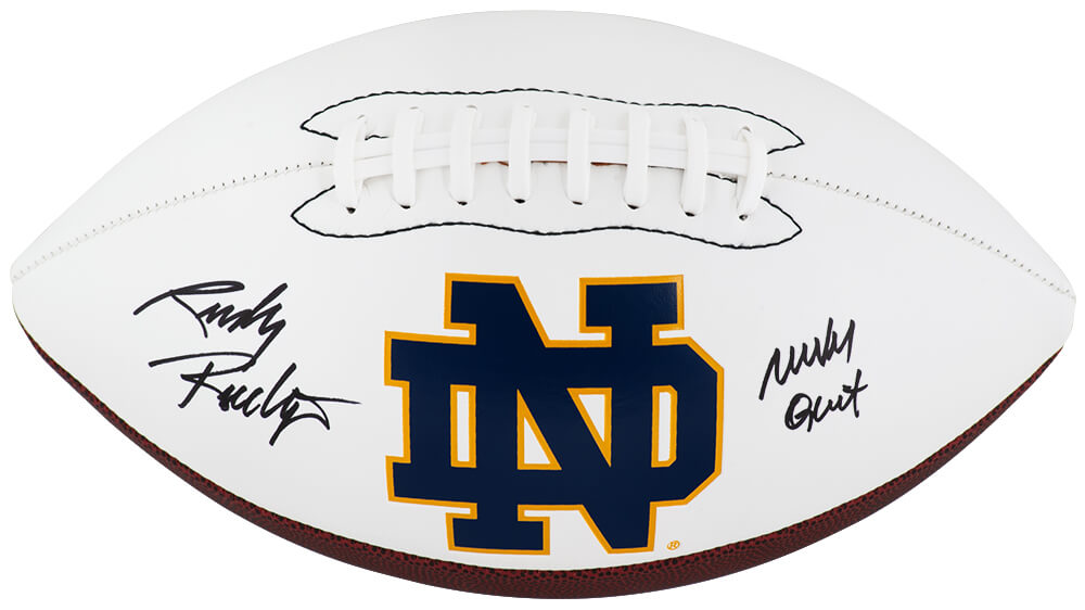 Rudy Ruettiger Signed Notre Dame Fighting Irish Logo Brands White Logo Football w/Never Quit - RUEFTB308 - Rudy Ruettiger Signed Notre Dame Fighting Irish Logo Brands White Logo Football w/Never Quit product image