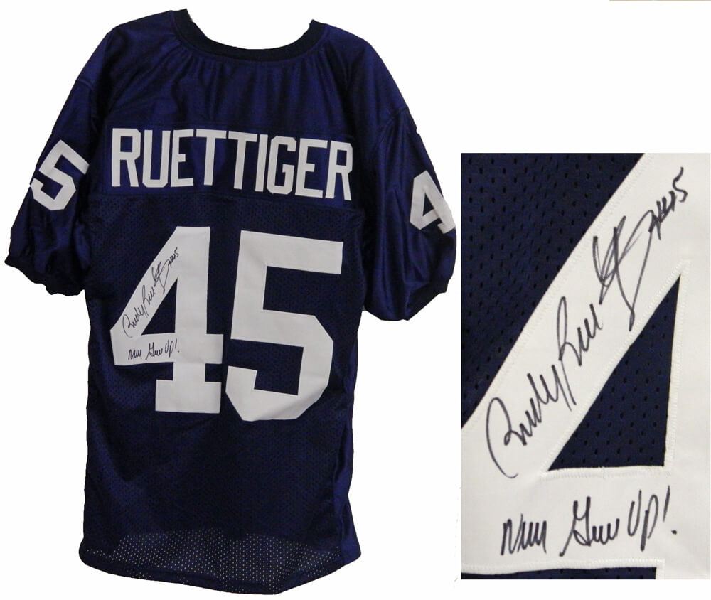 Rudy Ruettiger Signed Navy Throwback Custom Jersey w/Never Give Up! - RUEJRY300 - Rudy Ruettiger Signed Navy Throwback Custom Jersey w/Never Give Up! product image