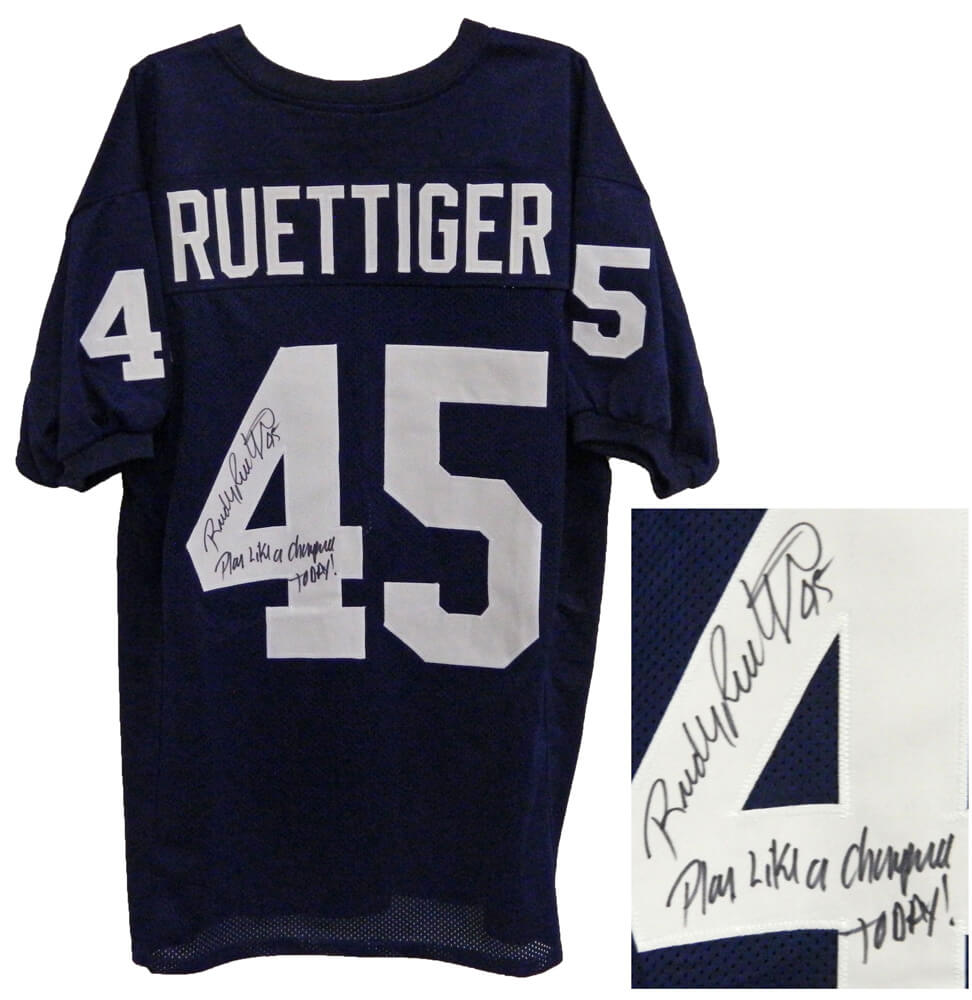 Rudy Ruettiger Signed Navy Throwback Custom Jersey w/Play Like A Champion Today - RUEJRY301 - Rudy Ruettiger Signed Navy Throwback Custom Jersey w/Play Like A Champion Today product image