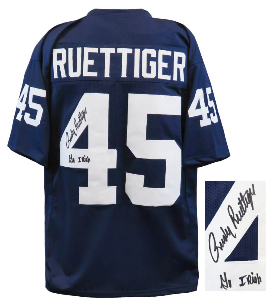 Rudy Ruettiger Signed Navy Throwback Custom Football Jersey w/Go Irish - RUEJRY303 - Rudy Ruettiger Signed Navy Throwback Custom Football Jersey w/Go Irish product image