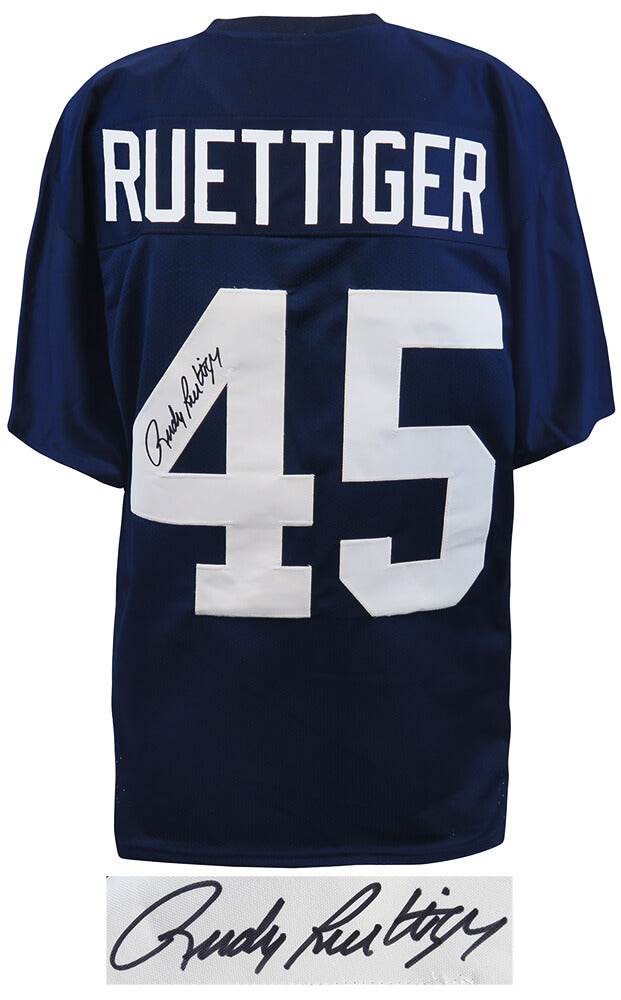 Rudy Ruettiger Signed Navy T/B Custom Football Jersey - RUEJRY304 - Rudy Ruettiger Signed Navy T/B Custom Football Jersey product image