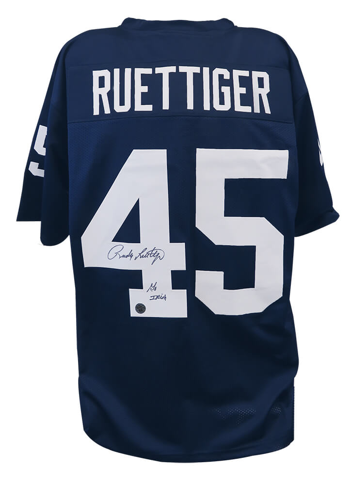Rudy Ruettiger Signed Navy Throwback Custom College Football Jersey w/Go Irish - RUEJRY305 - Rudy Ruettiger Signed Navy Throwback Custom College Football Jersey w/Go Irish product image