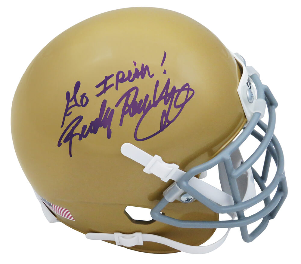 Rudy Ruettiger Signed Notre Dame Schutt Mini Helmet w/Go Irish - RUEMIN305 - Rudy Ruettiger Signed Notre Dame Schutt Mini Helmet w/Go Irish product image