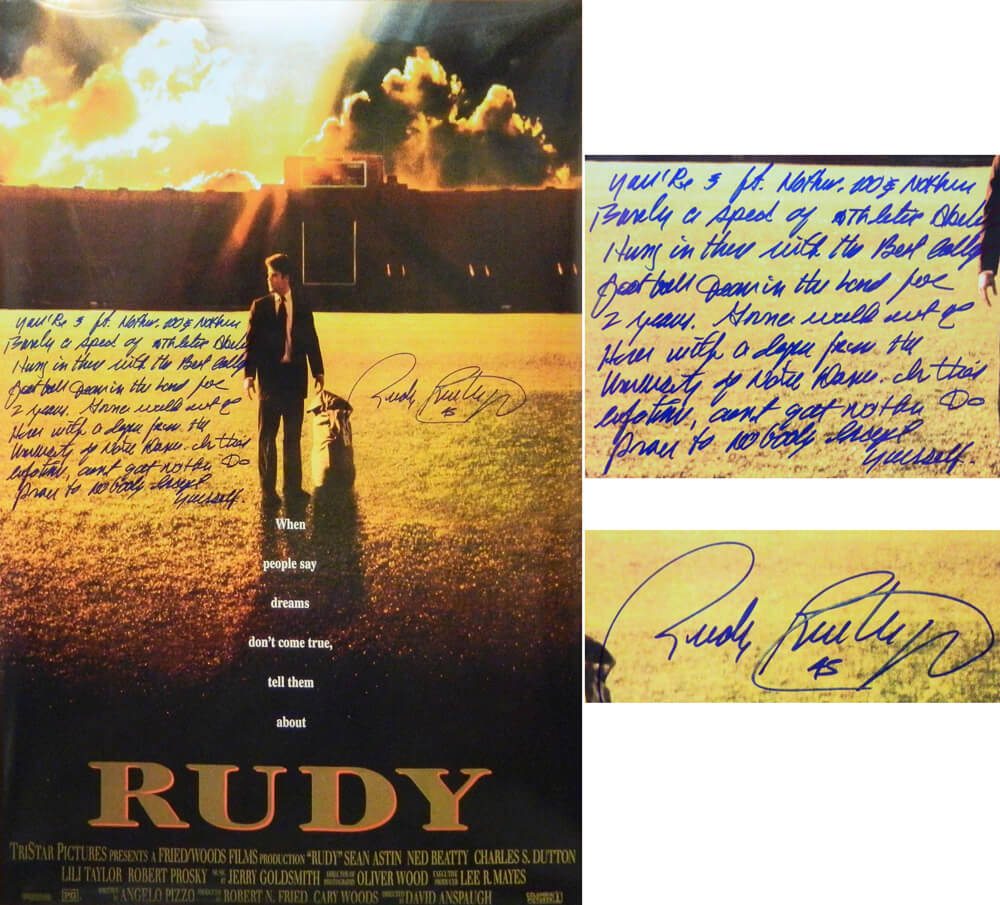 Rudy Ruettiger Signed 'Rudy' 24x36 Full Size Movie Poster w/Five Foot Nothing..(Full Quote) - RUEPST304 - Rudy Ruettiger Signed 'Rudy' 24x36 Full Size Movie Poster w/Five Foot Nothing..(Full Quote) product image