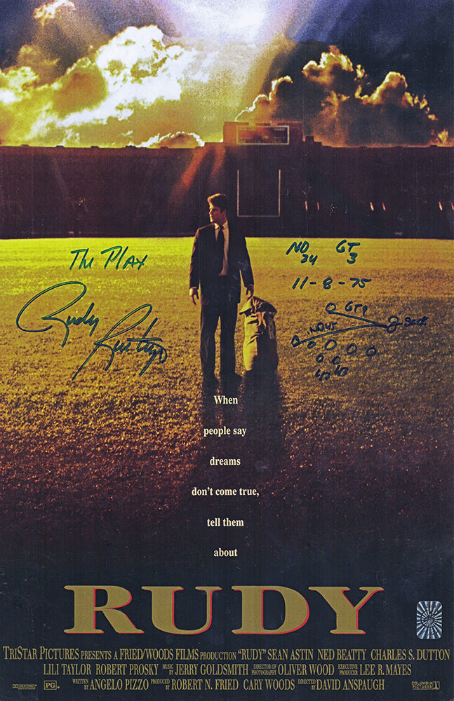 Rudy Ruettiger Signed 'Rudy' 11x17 Movie Poster w/The Sack Play Diagram - RUEPST309 - Rudy Ruettiger Signed 'Rudy' 11x17 Movie Poster w/The Sack Play Diagram product image