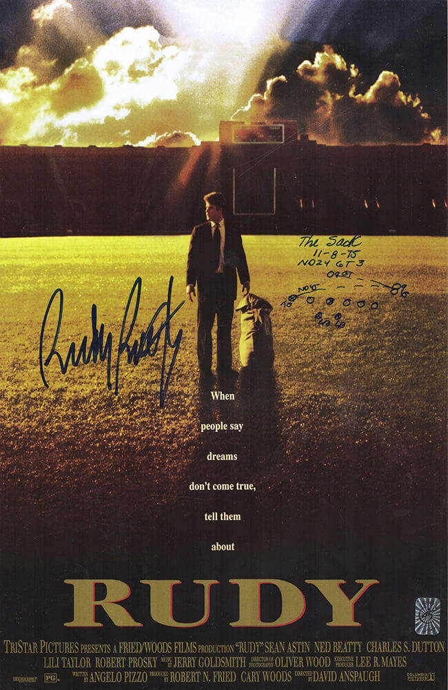 Rudy Ruettiger Signed 'Rudy' 11x17 Movie Poster w/The Sack - RUEPST311 - Rudy Ruettiger Signed 'Rudy' 11x17 Movie Poster w/The Sack product image