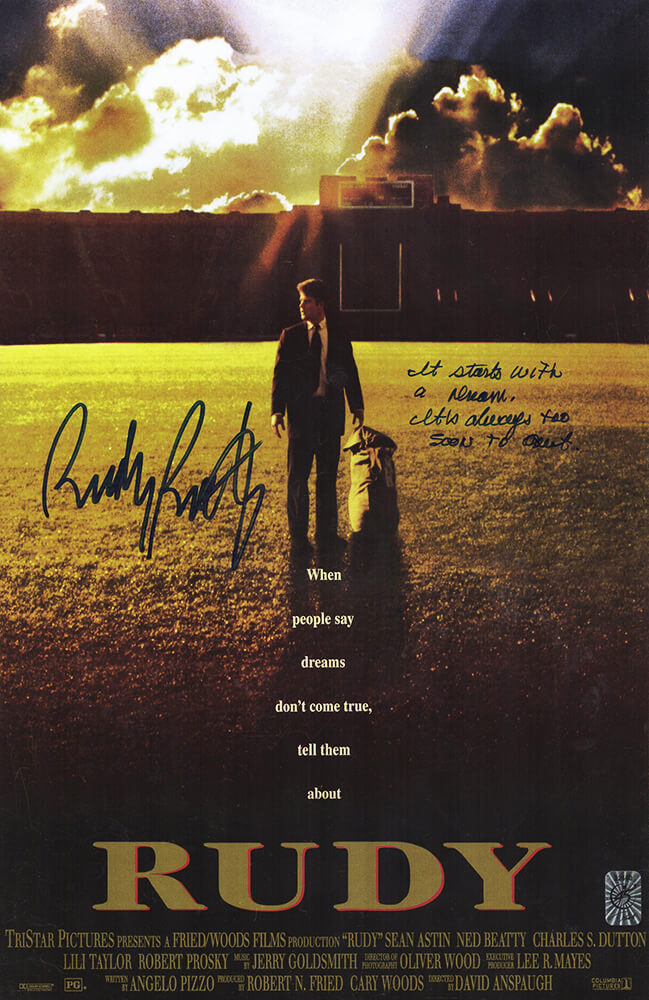 Rudy Ruettiger Signed 'Rudy' 11x17 Movie Poster w/It Starts With A Dream - RUEPST312 - Rudy Ruettiger Signed 'Rudy' 11x17 Movie Poster w/It Starts With A Dream product image