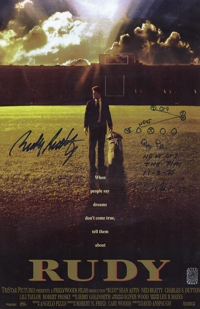Rudy Ruettiger Signed 'Rudy' 11x17 Movie Poster w/The Rudy Play Diagram - RUEPST314 - Rudy Ruettiger Signed 'Rudy' 11x17 Movie Poster w/The Rudy Play Diagram product image