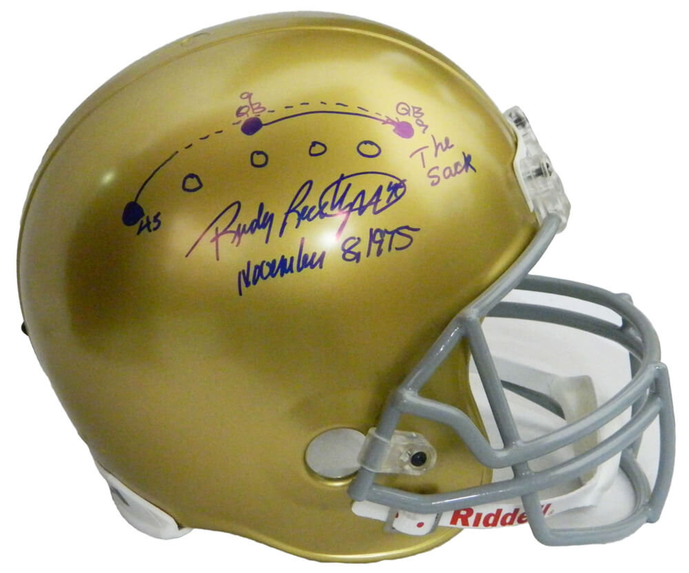 Rudy Ruettiger Signed Notre Dame Riddell Full Size Replica Helmet w/The Sack November 8, 1975 & Play Diagram - RUEREP307 - Rudy Ruettiger Signed Notre Dame Riddell Full Size Replica Helmet w/The Sack November 8, 1975 & Play Diagram product image