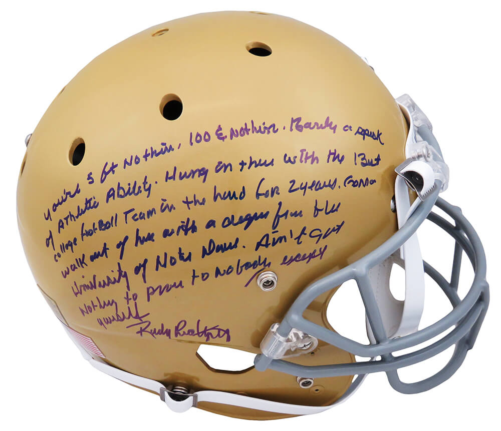 Rudy Ruettiger Signed Notre Dame Schutt Full Size Replica Helmet w/Five Foot Nothing..(Full Quote) - RUEREP312 - Rudy Ruettiger Signed Notre Dame Schutt Full Size Replica Helmet w/Five Foot Nothing..(Full Quote) product image