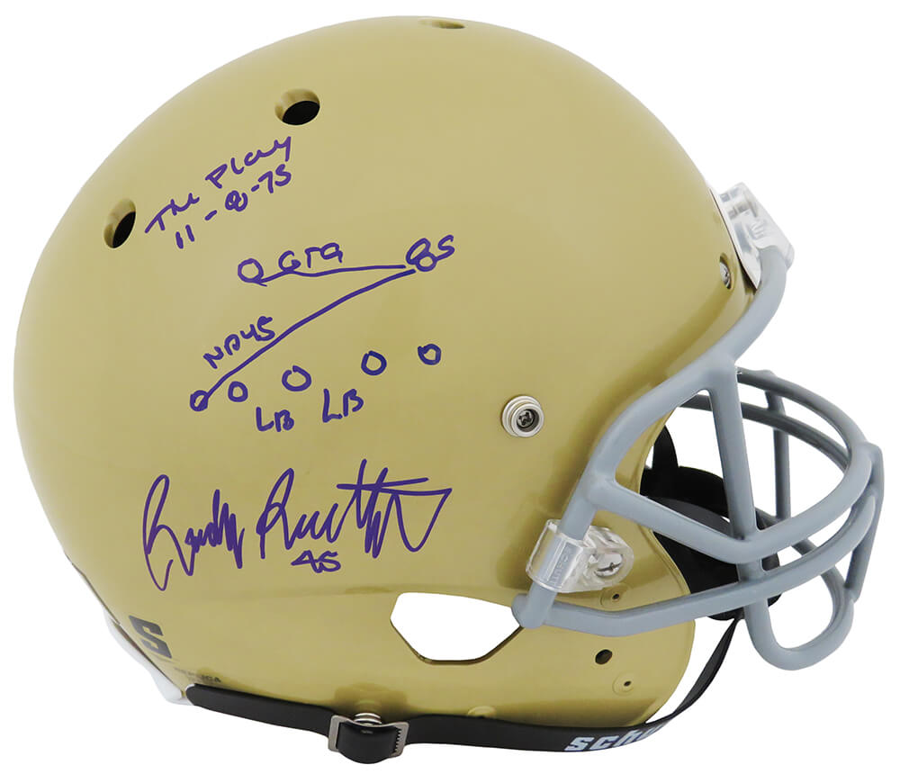 Rudy Ruettiger Signed Notre Dame Schutt Full Size Replica Helmet w/The Play 11-8-75 & Diagram - RUEREP313 - Rudy Ruettiger Signed Notre Dame Schutt Full Size Replica Helmet w/The Play 11-8-75 & Diagram product image