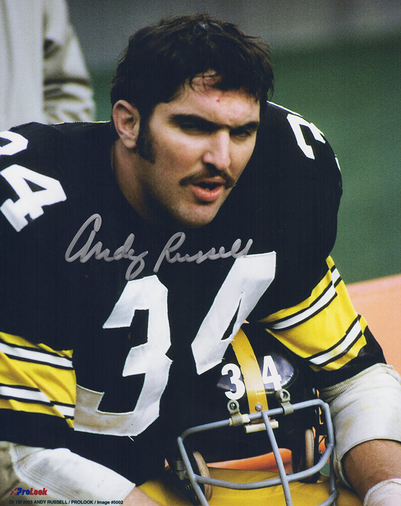 Andy Russell Signed Pittsburgh Steelers Black Jersey Holding Helmet 8x10 Photo - RUS08P310 - Andy Russell Signed Pittsburgh Steelers Black Jersey Holding Helmet 8x10 Photo product image