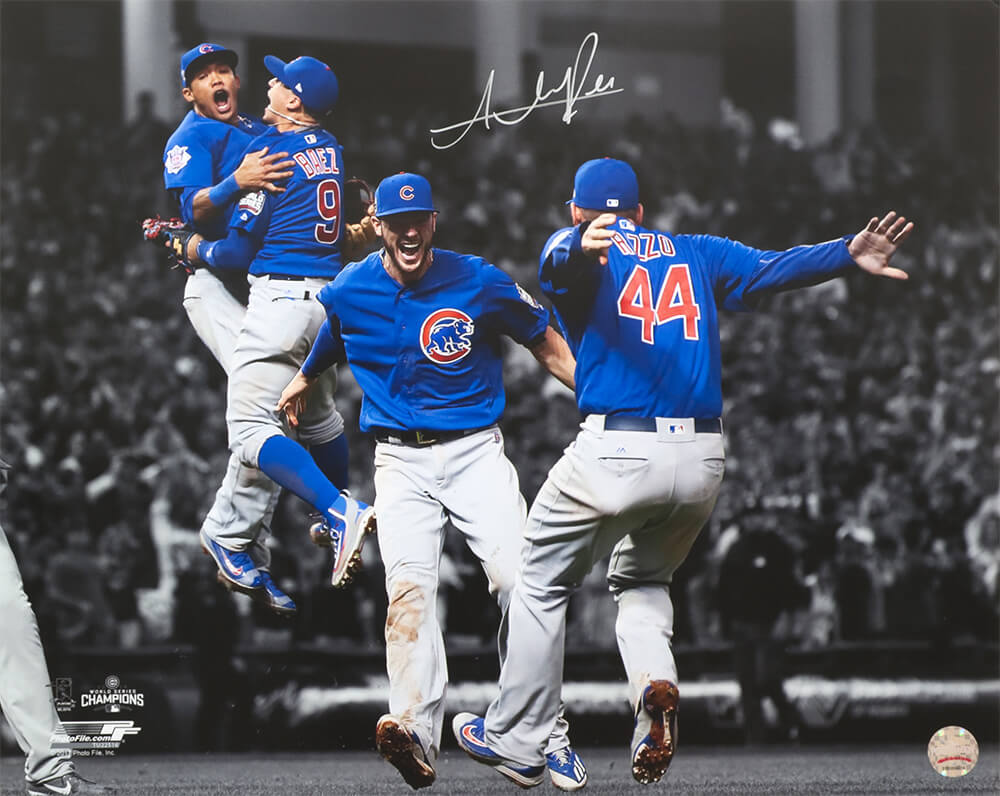 Addison Russell Signed Chicago Cubs 2016 World Series Infielders Celebration Spotlight 16x20 Photo - RUS16P101 - Addison Russell Signed Chicago Cubs 2016 World Series Infielders Celebration Spotlight 16x20 Photo product image
