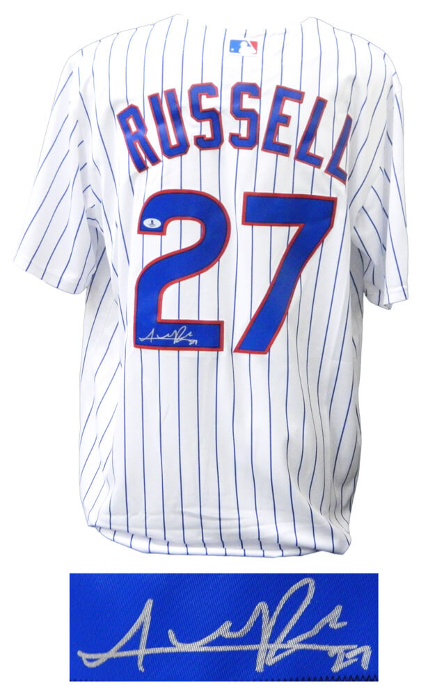 Addison Russell Signed Cubs White Pinstripe 2016 World Series Patch Majestic Jersey - RUSJRY102 - Addison Russell Signed Cubs White Pinstripe 2016 World Series Patch Majestic Jersey product image