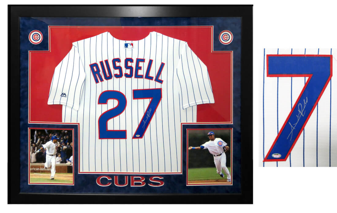 Addison Russell Signed & Framed Chicago Cubs White Pinstripe Majestic Baseball Jersey - RUSJRY103 - Addison Russell Signed & Framed Chicago Cubs White Pinstripe Majestic Baseball Jersey product image