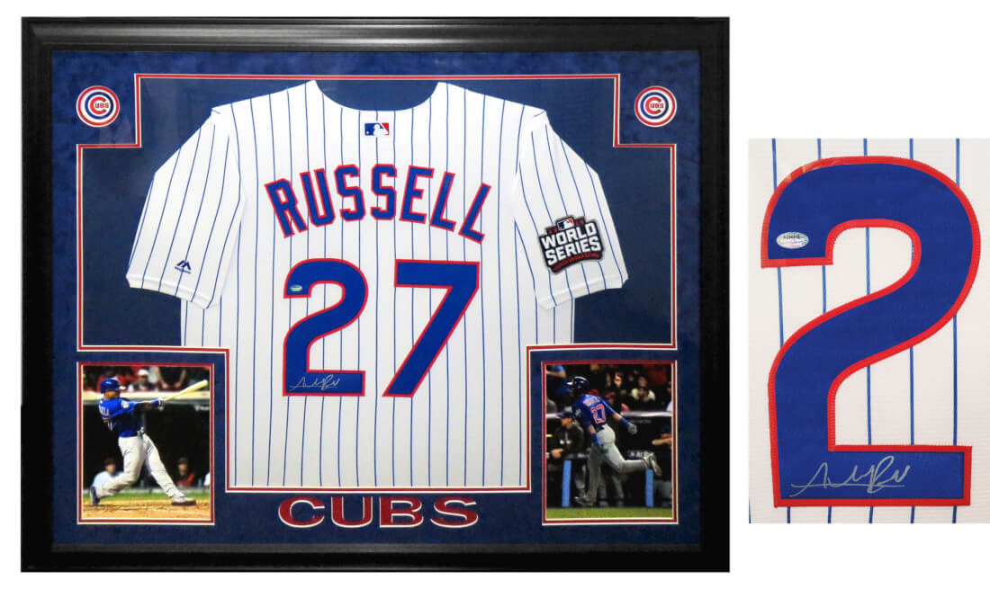 Addison Russell Signed & Framed Chicago Cubs White Pinstripe 2016 World Series Patch Majestic Jersey - RUSJRY104 - Addison Russell Signed & Framed Chicago Cubs White Pinstripe 2016 World Series Patch Majestic Jersey product image
