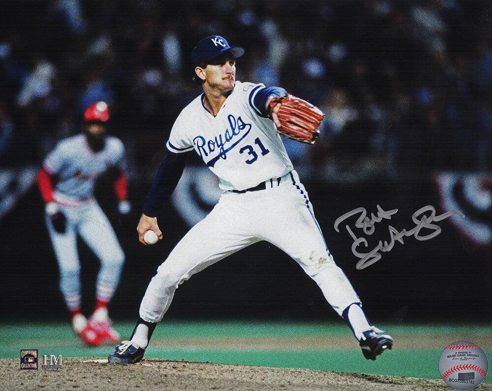 Bret Saberhagen Signed Kansas City Royals 1985 World Series Pitching Action 8x10 Photo - SAB08P110 - Bret Saberhagen Signed Kansas City Royals 1985 World Series Pitching Action 8x10 Photo product image