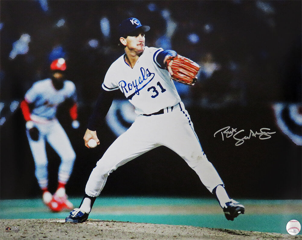 Bret Saberhagen Signed Kansas City Royals 1985 World Series Pitching Action 16x20 Photo - SAB16P110 - Bret Saberhagen Signed Kansas City Royals 1985 World Series Pitching Action 16x20 Photo product image