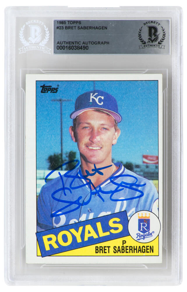 Bret Saberhagen Signed Kansas City Royals 1985 Topps Rookie Baseball Trading Card #23 - (Beckett Encapsulated) - SABCAR112 - Bret Saberhagen Signed Kansas City Royals 1985 Topps Rookie Baseball Trading Card #23 - (Beckett Encapsulated) product image