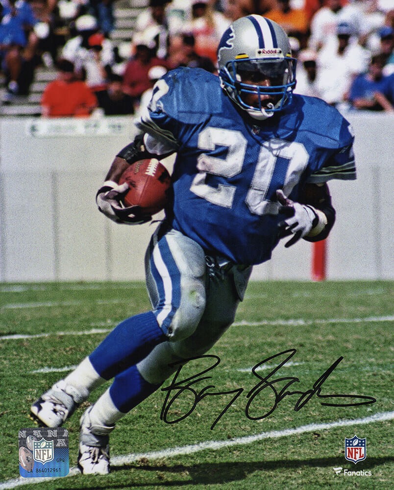 Barry Sanders Signed Detroit Lions Blue Jersey Running With Football Action 8x10 Photo - SAN08P320 - Barry Sanders Signed Detroit Lions Blue Jersey Running With Football Action 8x10 Photo product image