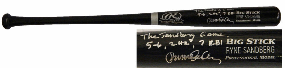 Ryne Sandberg Signed Rawlings Name-Engraved Black Big Stick Bat w/The Sandberg Game, 5-6 2HRs 7 RBI - SANBAT113 - Ryne Sandberg Signed Rawlings Name-Engraved Black Big Stick Bat w/The Sandberg Game, 5-6 2HRs 7 RBI product image