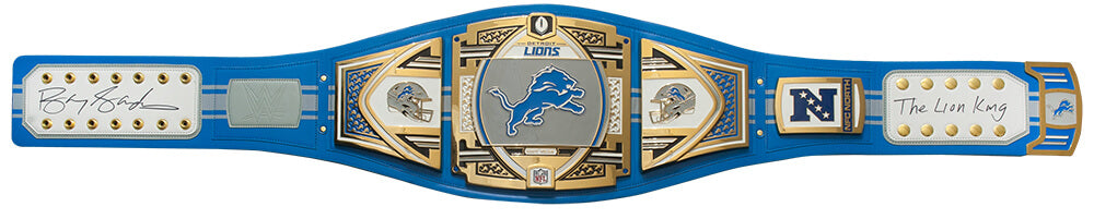 Barry Sanders Signed Detroit Lions 53x12 WWE Legacy Full Size Authentic Blue Wrestling Belt w/The Lion King - SANBLT300 - Barry Sanders Signed Detroit Lions 53x12 WWE Legacy Full Size Authentic Blue Wrestling Belt w/The Lion King product image
