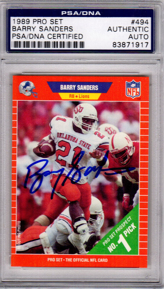 Barry Sanders Signed Oklahoma State 1989 Pro Set Rookie Card #494 - PSA/DNA - SANCAR305 - Barry Sanders Signed Oklahoma State 1989 Pro Set Rookie Card #494 - PSA/DNA product image