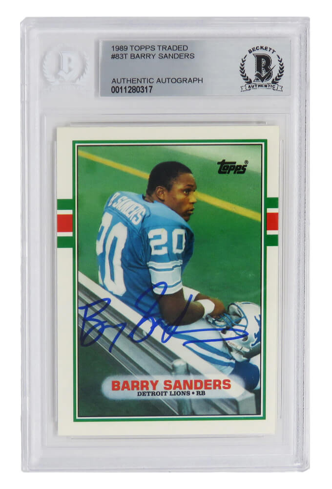 Barry Sanders Signed Detroit Lions 1989 Topps Football Rookie Card #83T - (Beckett Encapsulated) - SANCAR310 - Barry Sanders Signed Detroit Lions 1989 Topps Football Rookie Card #83T - (Beckett Encapsulated) product image