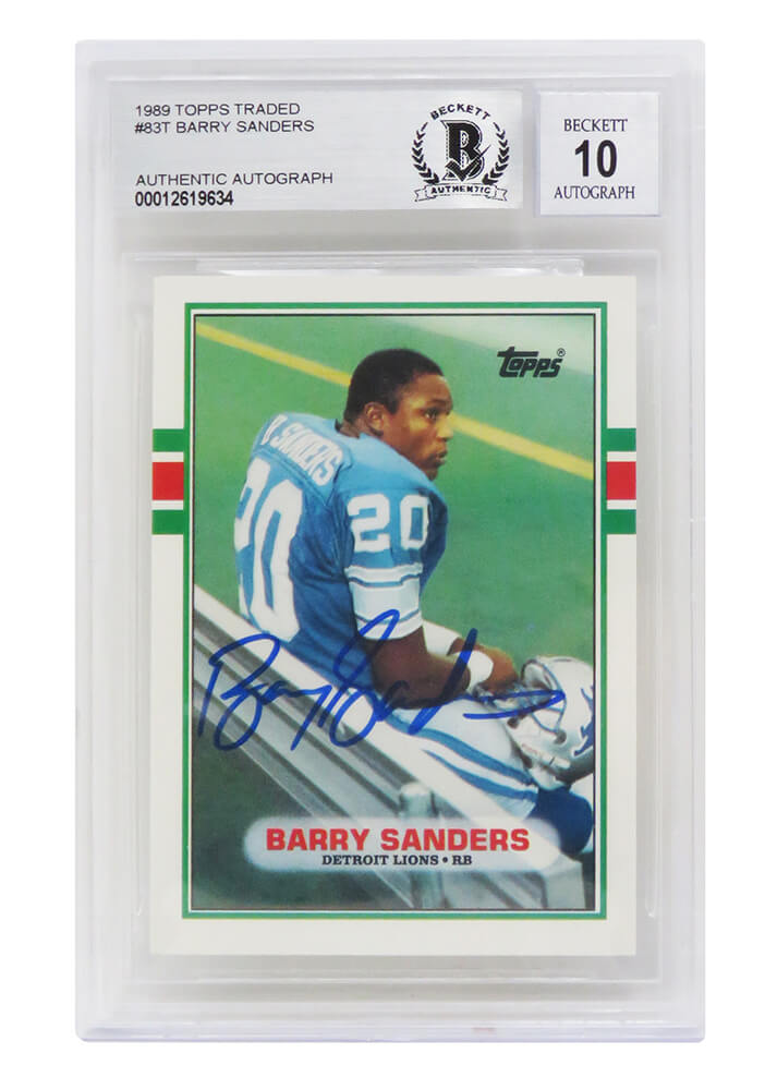 Barry Sanders Signed Detroit Lions 1989 Topps Rookie Card #83T - (Beckett / Auto Grade 10) - SANCAR313 - Barry Sanders Signed Detroit Lions 1989 Topps Rookie Card #83T - (Beckett / Auto Grade 10) product image