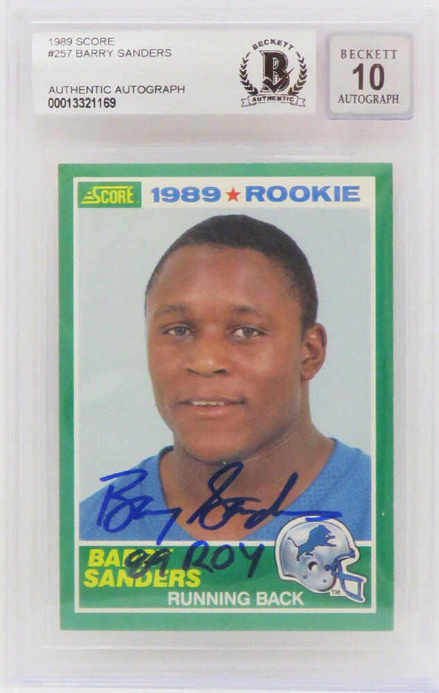 Barry Sanders Signed Detroit Lions 1989 Score Rookie Card #257 w/ROY'89  - (Beckett Encapsulated/ Auto Grade 10) - SANCAR316 - Barry Sanders Signed Detroit Lions 1989 Score Rookie Card #257 w/ROY'89 - (Beckett Encapsulated/ Auto Grade 10) product image