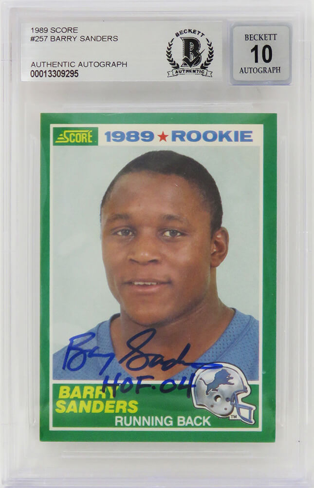 Barry Sanders Signed Detroit Lions 1989 Score Rookie Card #257 w/HOF'04  - (Beckett Encapsulated/ Auto Grade 10) - SANCAR319 - Barry Sanders Signed Detroit Lions 1989 Score Rookie Card #257 w/HOF'04 - (Beckett Encapsulated/ Auto Grade 10) product image