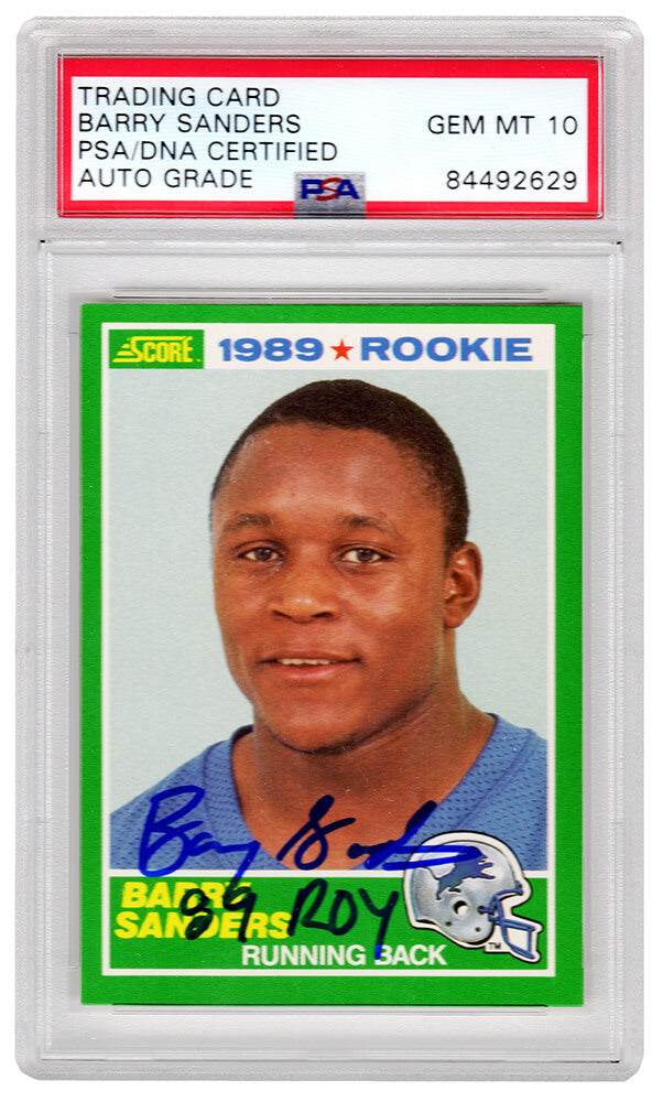 Barry Sanders Signed Detroit Lions 1989 Score Rookie Card #257 w/ROY'89  - (PSA/DNA Encapsulated - Auto Grade 10) - SANCAR322 - Barry Sanders Signed Detroit Lions 1989 Score Rookie Card #257 w/ROY'89 - (PSA/DNA Encapsulated - Auto Grade 10) product image
