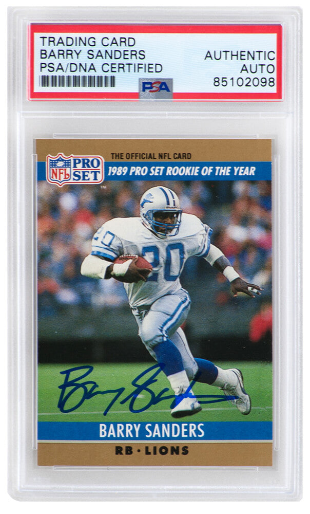 Barry Sanders Signed Detroit Lions 1990 Pro Set Rookie of the Year Football Trading Card #1 - (PSA Encapsulated) - SANCAR329 - Barry Sanders Signed Detroit Lions 1990 Pro Set Rookie of the Year Football Trading Card #1 - (PSA Encapsulated) product image