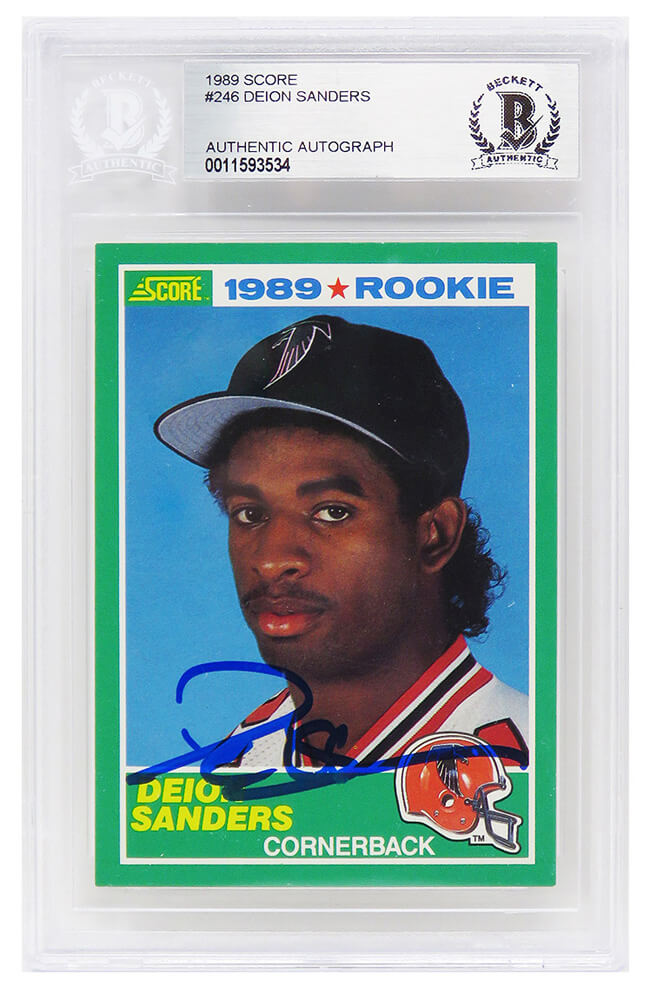 Deion Sanders Signed Atlanta Falcons 1989 Score Rookie Football Trading Card #246 (Beckett Encapsulated) - SANCAR330 - Deion Sanders Signed Atlanta Falcons 1989 Score Rookie Football Trading Card #246 (Beckett Encapsulated) product image