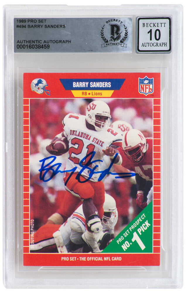 Barry Sanders Signed Oklahoma State 1989 Pro Set Football Rookie Card #494 - (Beckett Encapsulated/ Auto Grade 10) - SANCAR340 - Barry Sanders Signed Oklahoma State 1989 Pro Set Football Rookie Card #494 - (Beckett Encapsulated/ Auto Grade 10) product image
