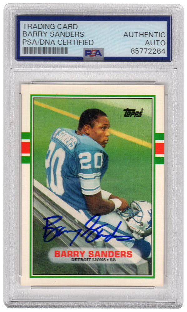 Barry Sanders Signed Detroit Lions 1989 Topps Rookie Football Tarding Card #83T - (PSA Encapsulated) - SANCAR343 - Barry Sanders Signed Detroit Lions 1989 Topps Rookie Football Tarding Card #83T - (PSA Encapsulated) product image