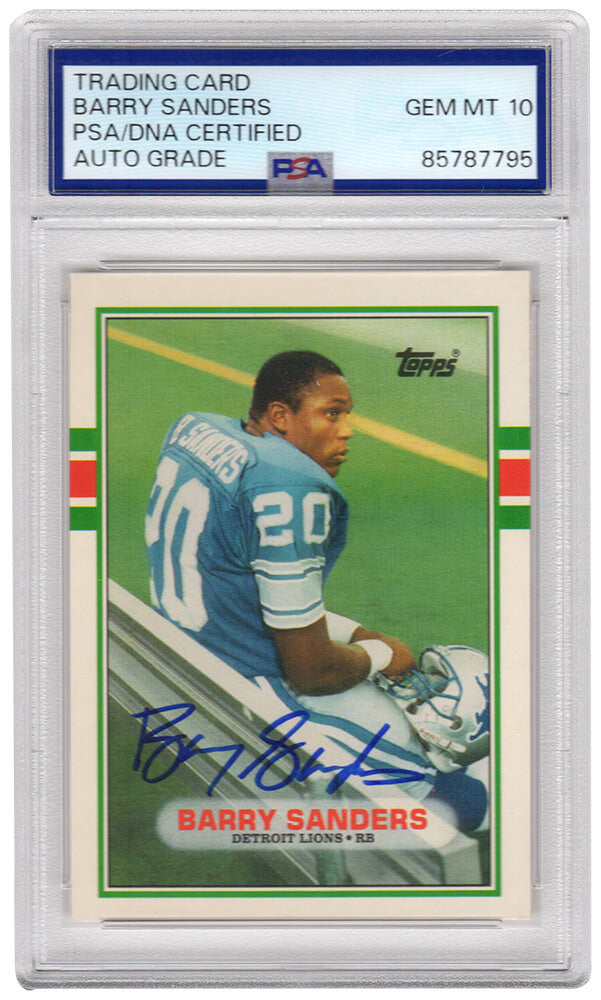 Barry Sanders Signed Lions 1989 Topps Rookie Football Card #83T - (PSA / Auto Grade 10) - SANCAR345 - Barry Sanders Signed Lions 1989 Topps Rookie Football Card #83T - (PSA / Auto Grade 10) product image