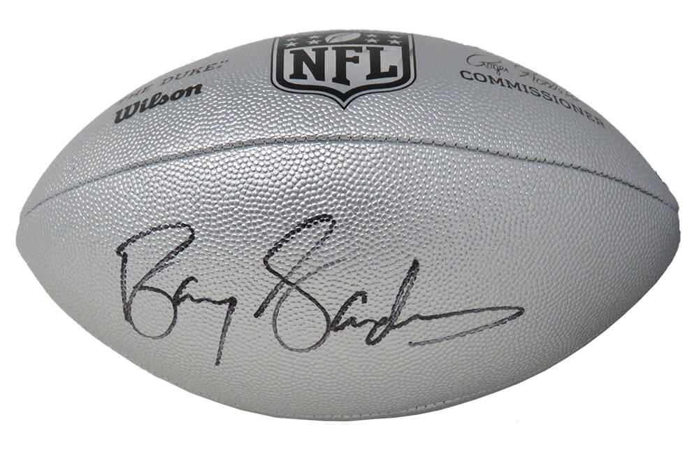 Barry Sanders Signed Wilson Duke Silver Metallic NFL Full Size Replica Football - SANFTB308 - Barry Sanders Signed Wilson Duke Silver Metallic NFL Full Size Replica Football product image