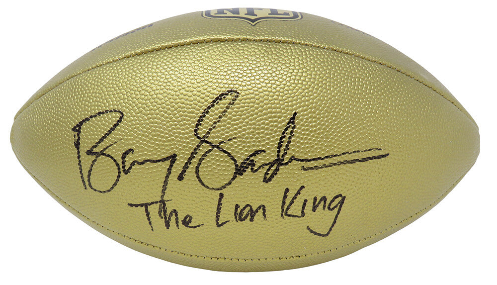 Barry Sanders Signed Wilson Duke Gold Metallic NFL Full Size Replica Football w/The Lion King - SANFTB310 - Barry Sanders Signed Wilson Duke Gold Metallic NFL Full Size Replica Football w/The Lion King product image