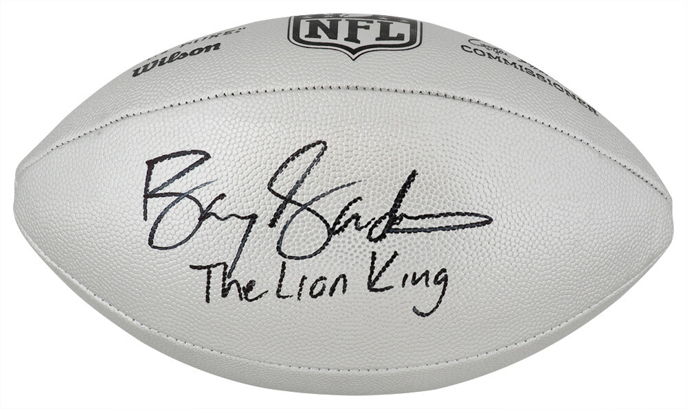 Barry Sanders Signed Wilson Duke Silver Metallic NFL Full Size Replica Football w/The Lion King - SANFTB319 - Barry Sanders Signed Wilson Duke Silver Metallic NFL Full Size Replica Football w/The Lion King product image