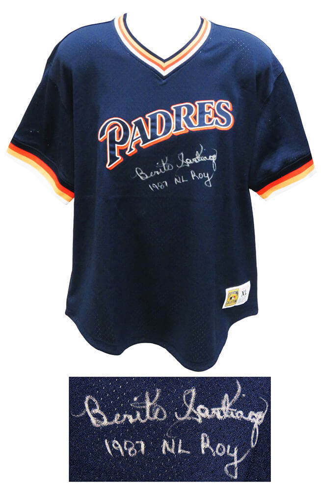 Benito Santiago Signed San Diego Padres Mitchell & Ness Navy Batting Practice Baseball Jersey w/1987 NL ROY - SANJRY120 - Benito Santiago Signed San Diego Padres Mitchell & Ness Navy Batting Practice Baseball Jersey w/1987 NL ROY product image
