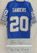 Barry Sanders Signed Lions Blue Reebok Premier Jersey w/The Lion King - SANJRY302 - Barry Sanders Signed Lions Blue Reebok Premier Jersey w/The Lion King product image