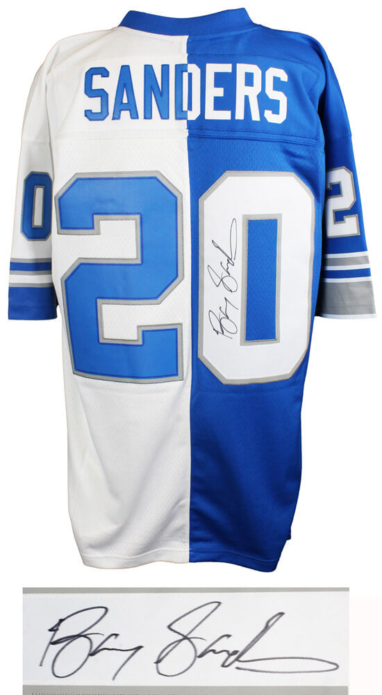 Barry Sanders Signed Detroit Lions Blue & White M&N Split Jersey - SANJRY312 - Barry Sanders Signed Detroit Lions Blue & White M&N Split Jersey product image