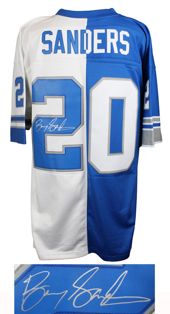 Barry Sanders Signed Detroit Lions White & Blue Mitchell & Ness Split Jersey - SANJRY313 - Barry Sanders Signed Detroit Lions White & Blue Mitchell & Ness Split Jersey product image