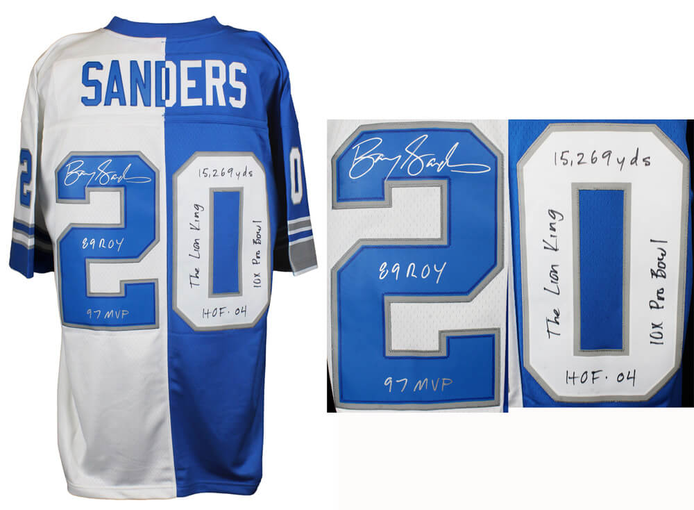 Barry Sanders Signed Detroit Lions Blue & White Mitchell & Ness Split Jersey w/6 Inscriptions - SANJRY314 - Barry Sanders Signed Detroit Lions Blue & White Mitchell & Ness Split Jersey w/6 Inscriptions product image